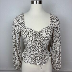 Japna Smocked Top Size S NWT Beige Floral Ruffled Coquette Peasant Boho Puff Slv